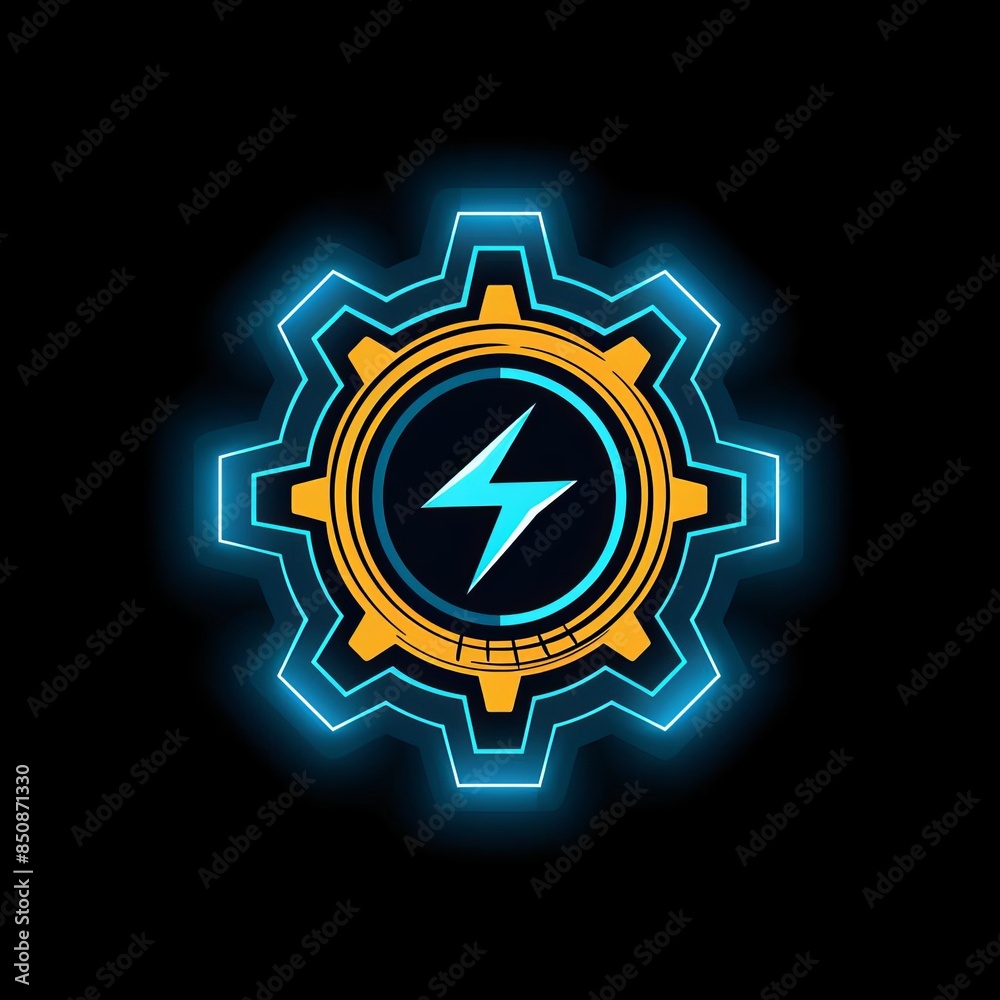 Abstract neon gear with lightning bolt symbol for technology, energy or power logo Abstract neon gear with lightning bolt symbol for technology, energy or power logo