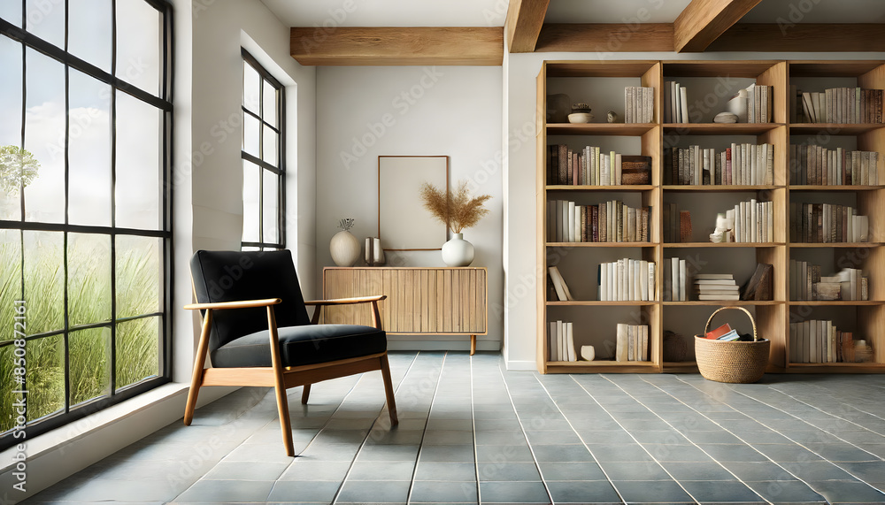 Modern Reading Nook with Large Windows and Bookshelves
