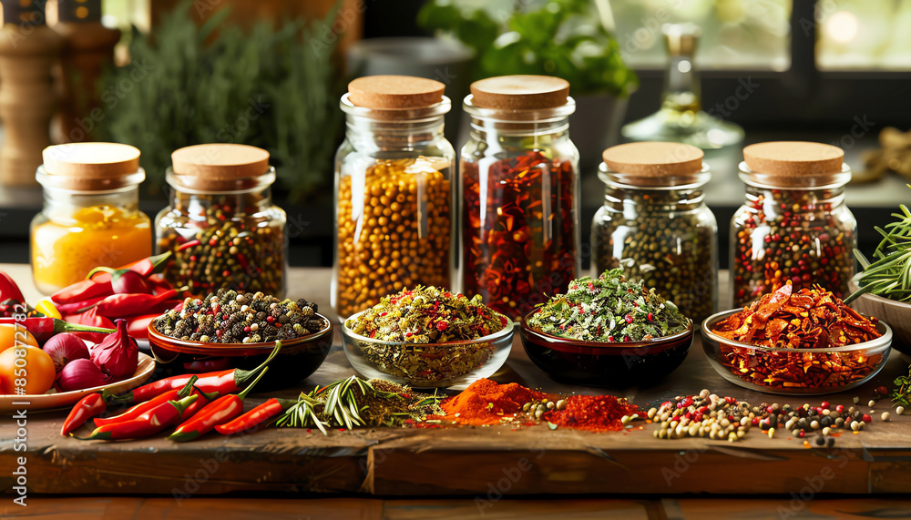 International spices and sauces on a kitchen counter. International spices and sauces on a kitchen counter.