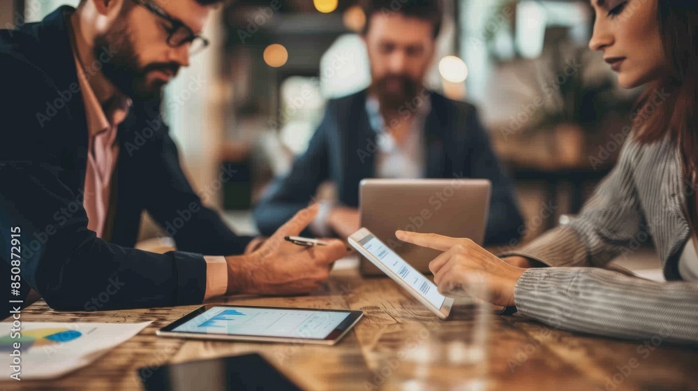 Three people are sitting at a table with laptops and tablets Three people are sitting at a table with laptops and tablets