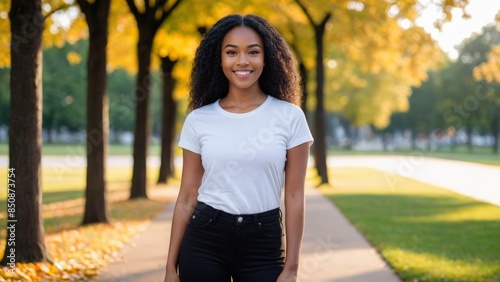 Young black woman wearing white t-shirt and black jeans standing in the park