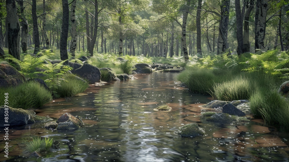 Fototapeta premium Peaceful Stream in a Dense Forest. Soft Sunlight Highlights the Verdant Foliage.