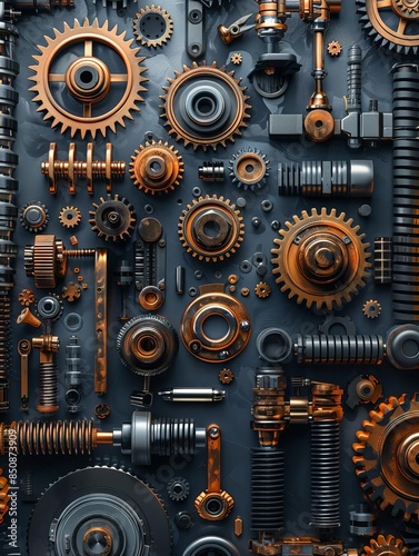 Mechanical spare parts seamless pattern and machinery gears, vector background Bushings and bearings, levers, springs Parts and tools, lever and cog wheel, metal shafts and gaskets ©  Green Creator