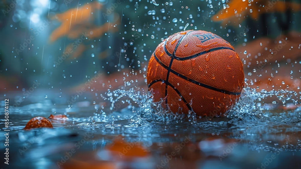 A basketball splashing in a puddle on a rainy day in an outdoor setting. The scene is vibrant with water droplets and reflections. A basketball splashing in a puddle on a rainy day in an outdoor setting. The scene is vibrant with water droplets and reflections.