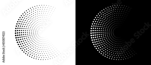 Modern abstract background. Halftone dots in circle form. Round logo, design element or icon. Vector dotted frame. A black figure on a white background and an equally white figure on the black side.