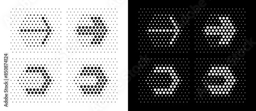 Modern abstract dotted arrows in hexagon shape. Black shapes on a white background and the same white shapes on the black side.