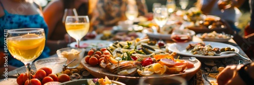A table laden with a variety of delicious dishes, including fresh vegetables, cheeses, and meats, is ready for a gathering of friends and family photo