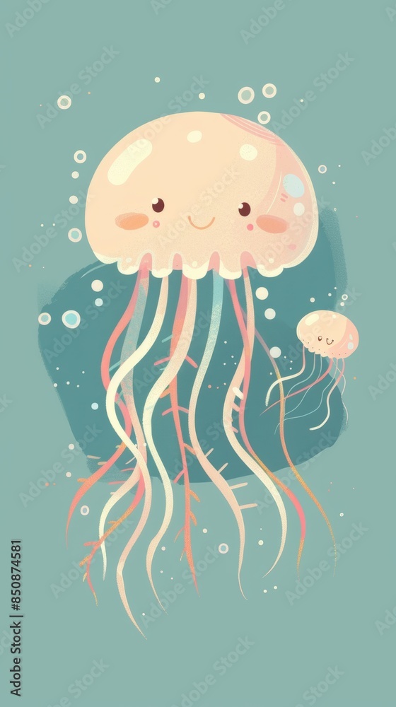Cute jellyfish smiling and swimming underwater illustration Cute jellyfish smiling and swimming underwater illustration