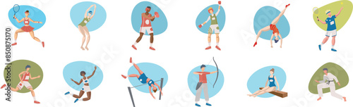 Olympic Games concept. Vibrant collection of athletes competing in various sports, embodying the spirit of international competition. Dynamic poses and national pride.
