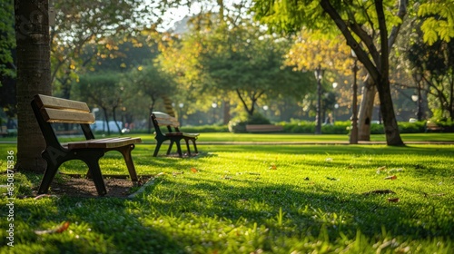 A serene park scene featuring empty benches, lush green grass, and tall trees, bathed in soft sunlight during a calm morning.  © komgritch