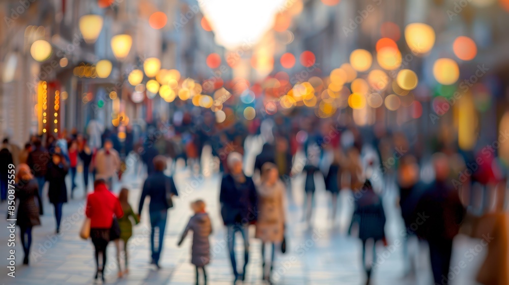 Large, diverse crowd walking through a busy city street with colorful lights and billboards, capturing the vibrancy of urban life.