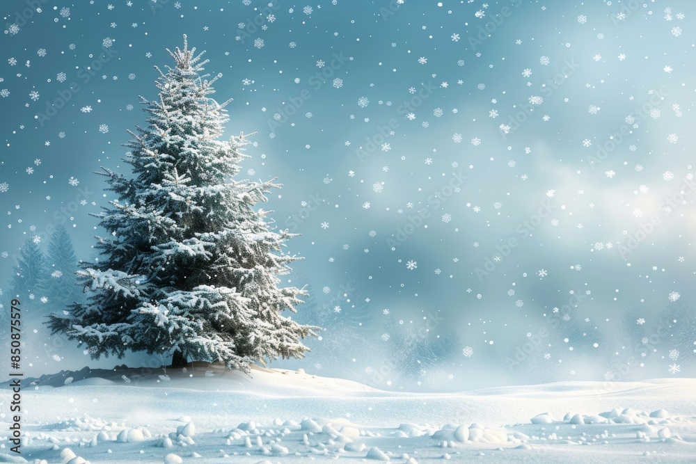 Snowy Landscape With Decorated Pine Tree Snowy Landscape With Decorated Pine Tree