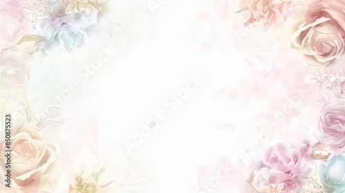 A watercolor frame with soft peach and green floral elements, featuring roses and leaves, painted on a white background. Fresh and delicate botanical concept.