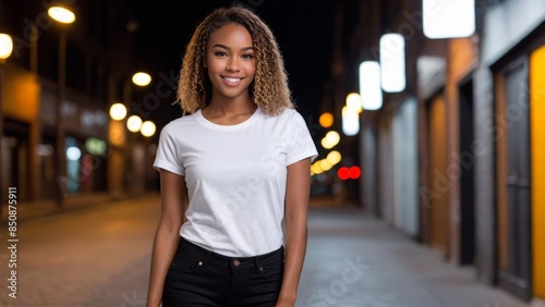 Young black woman wearing white t-shirt and black jeans standing on the street at night © QuoDesign