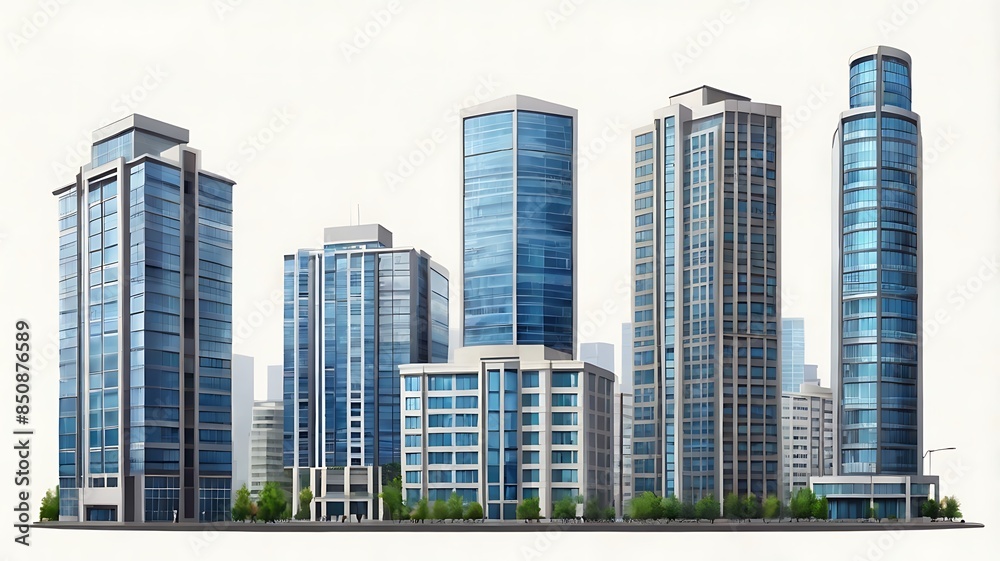 Fototapeta premium Different skyscraper buildings isolated on white background,