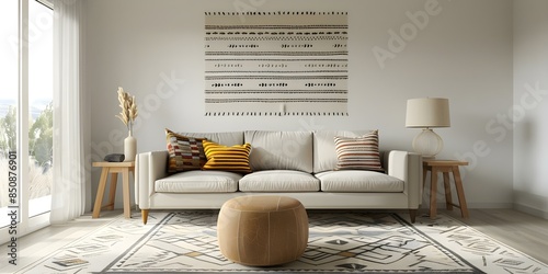 Southwestern Living Room with Leather Couch, Navajo Textile, and Mustard Accents. Concept Interior Design, Southwestern Style, Leather Furniture, Navajo Textiles, Mustard Accents photo