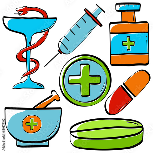 cute colorful pharmacy icons set. simple funny doodle hand drawn flat simple vector illustrations