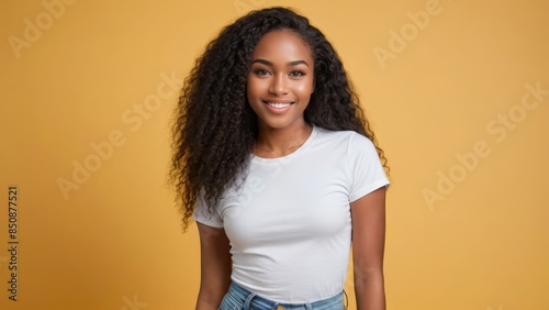 Young black woman wearing white t-shirt and blue jeans isolated on yellow background © QuoDesign