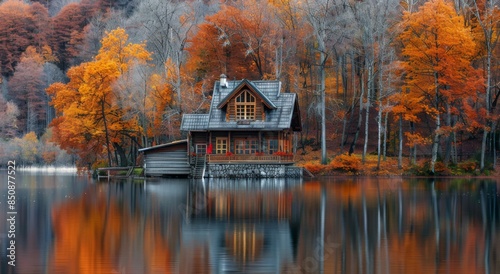 Stone Cottage on a Misty Autumn Lake