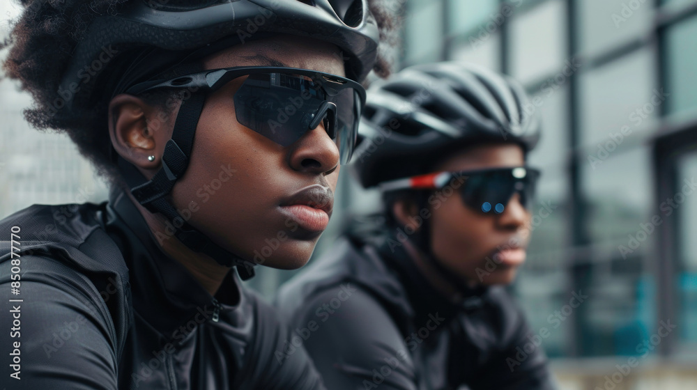 Cyclists in helmets posing in the city Cyclists in helmets posing in the city