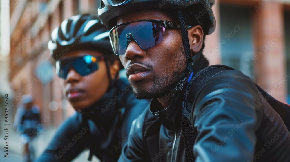 Two cyclists leading the way on city streets Two cyclists leading the way on city streets