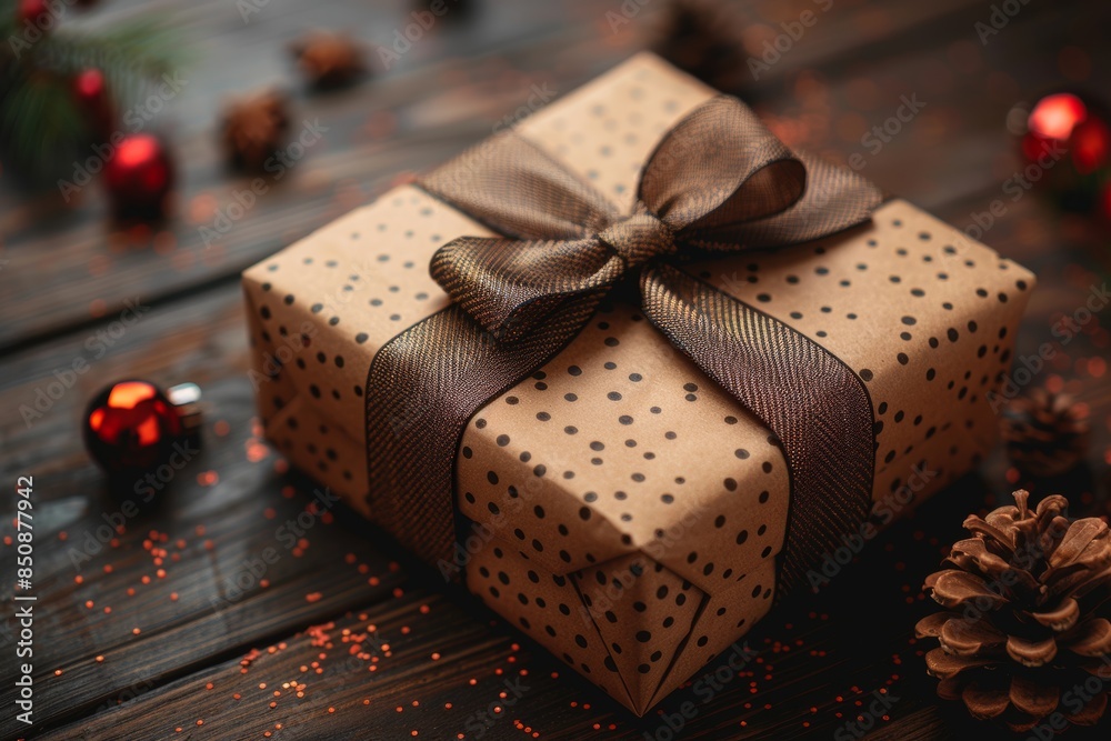 Wrapped Christmas Gift on Wooden Table Wrapped Christmas Gift on Wooden Table