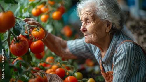 Senior Woman Harvesting Ripe Tomatoes in a Garden