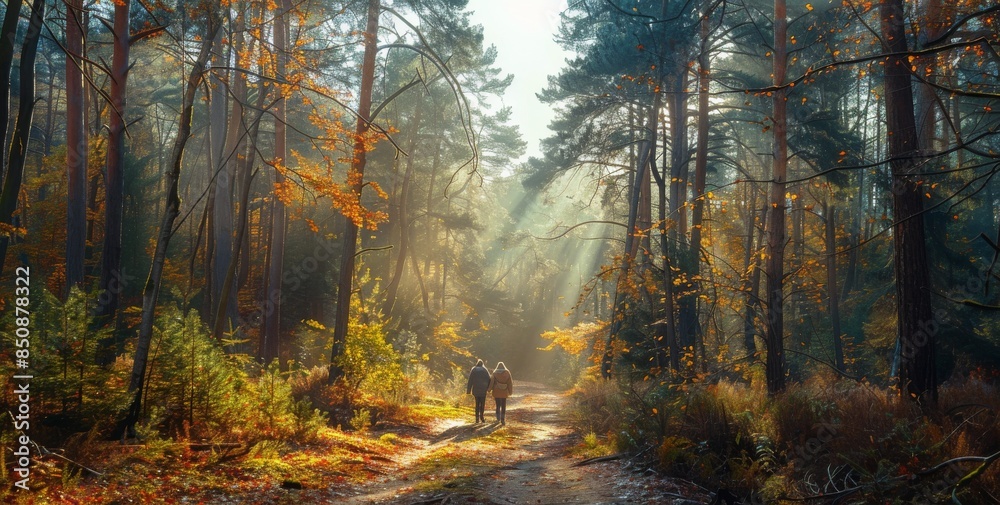 Couple Walks Through Sunlit Forest Path in Autumn Couple Walks Through Sunlit Forest Path in Autumn