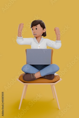 3D illustration of strong woman is working with a laptop on her thigh