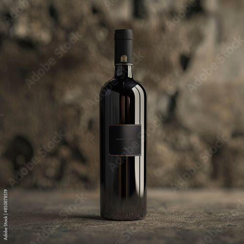 Botella de vino con pared de piedra al fondo photo