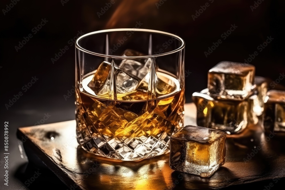 Elegant Whiskey on the Rocks in Crystal Glass Elegant Whiskey on the Rocks in Crystal Glass