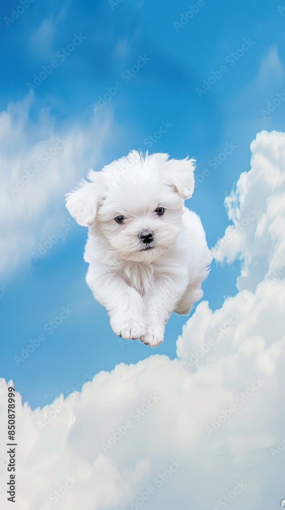 White puppy soaring above fluffy white clouds White puppy soaring above fluffy white clouds