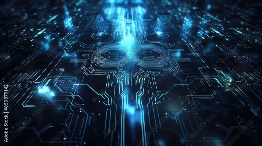 Fototapeta premium Futuristic Digital Circuit Board with Blue Lights