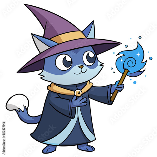 anime cat wizard casting a spell, with swirling magical energy around it and a look of awe and concentration on its face