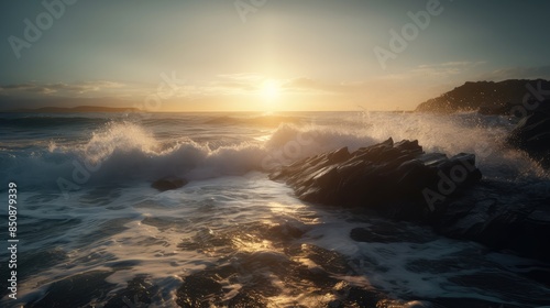 Tranquil Sunset Over Waves and Rocks