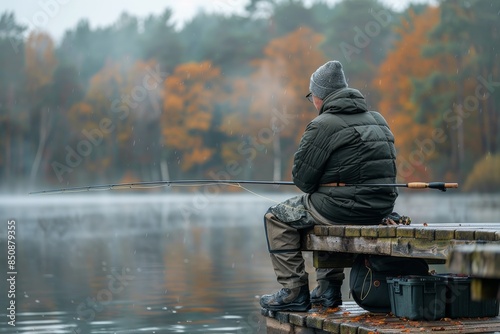 Angler Fishing on a Rainy Fall Day at a Lake