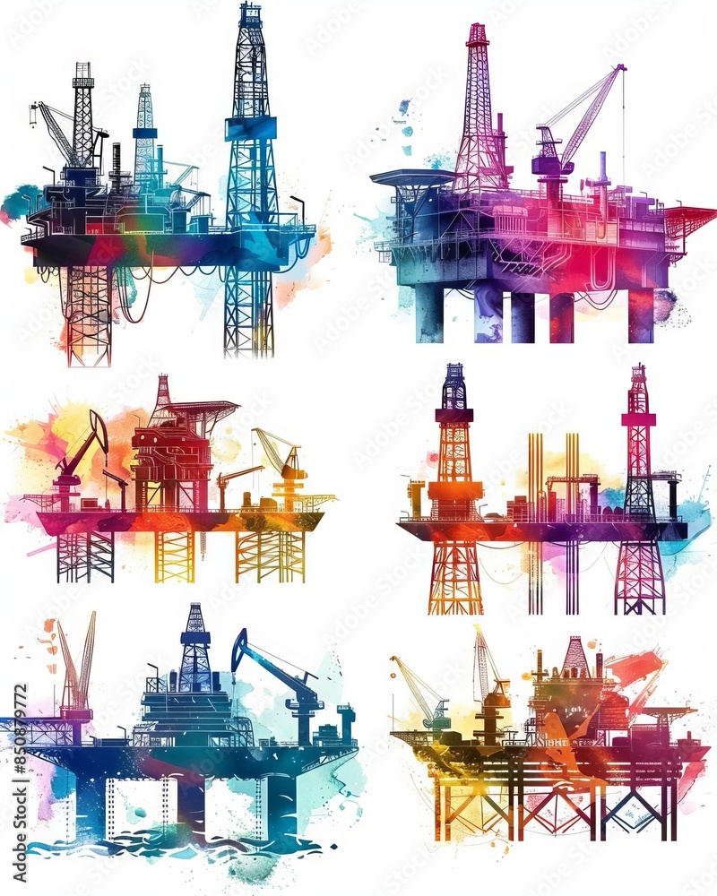 Watercolor illustration of six offshore oil rigs. Stock Illustration ...