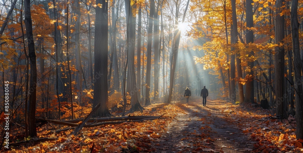 Fototapeta premium Two People Walking Through a Misty Autumn Forest