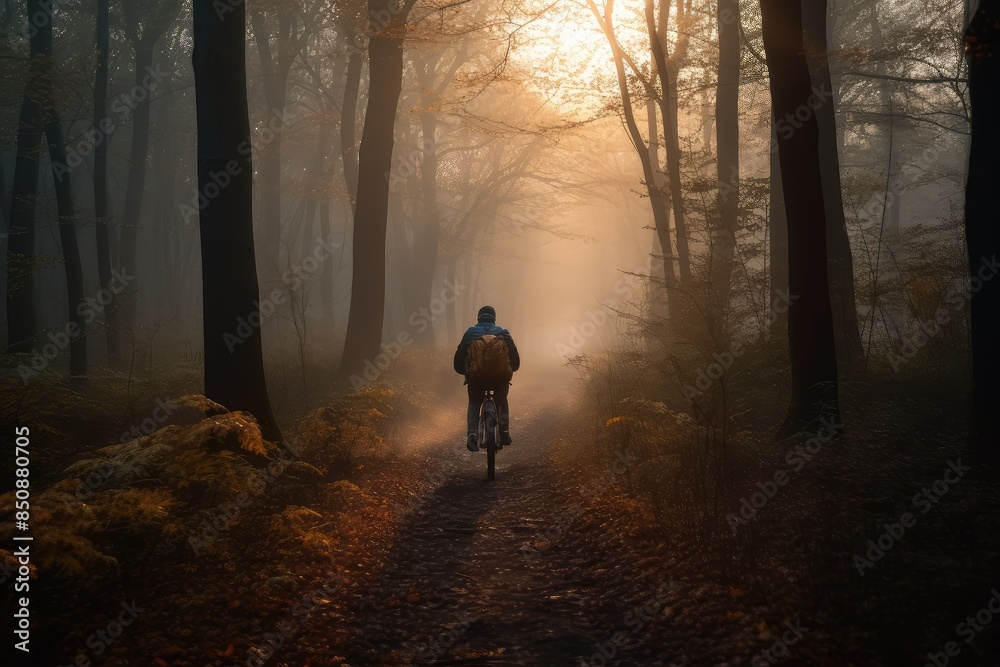 Sunrise Bike Ride Through Misty Forest Sunrise Bike Ride Through Misty Forest