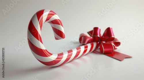 A 3D candy cane with a bow on a snow-white background, perfect for festive holiday promotions.