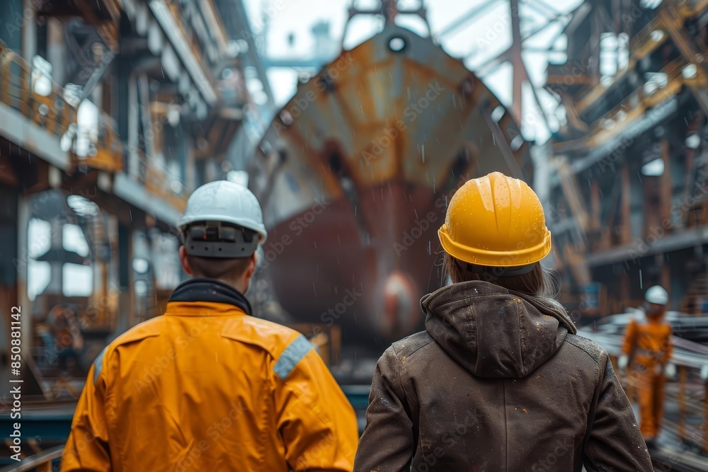 Two workers in hard hats stand on a dock with a large ship in the background. Two workers in hard hats stand on a dock with a large ship in the background.