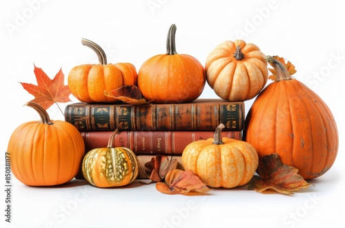 Autumn Pumpkins and Books Displayed on a White Background