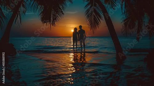 Couple standing in water at sunset