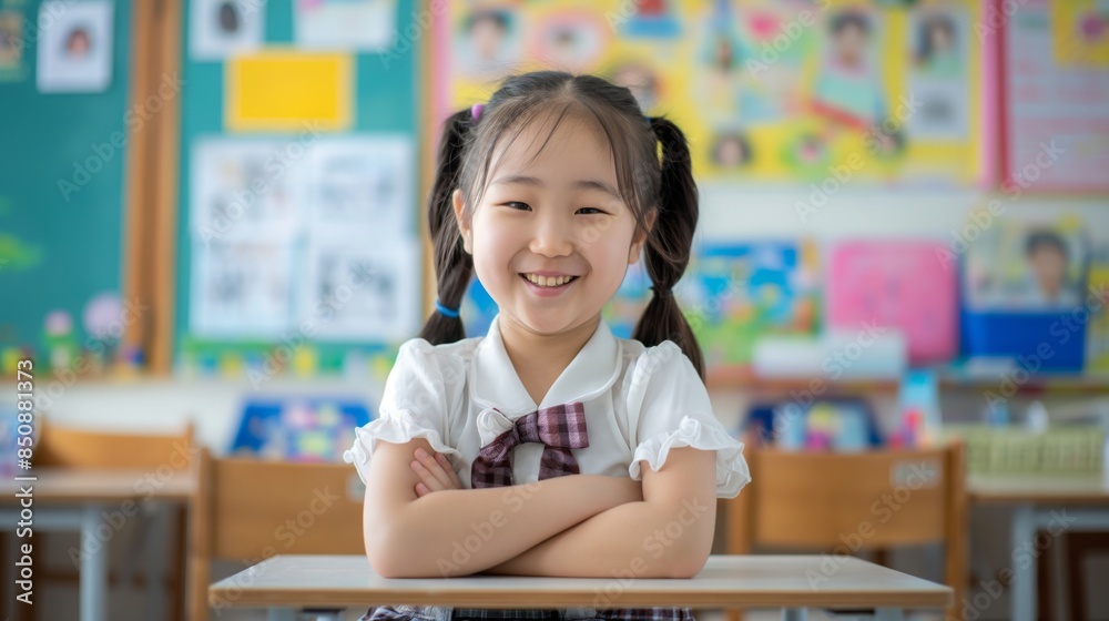 Smiling Korean Girl at School Desk in Classroom, Education and Learning Concept for Posters and Educational Materials Smiling Korean Girl at School Desk in Classroom, Education and Learning Concept for Posters and Educational Materials