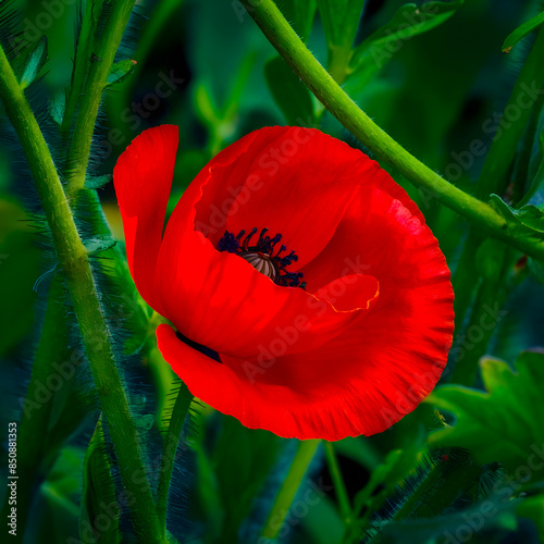 Red poppy flower in the field. wonderful sunny afternoon weather.