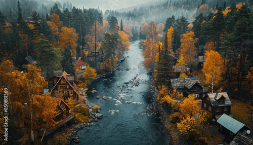 Aerial View of a Winding River Through a Foggy Forest in Autumn