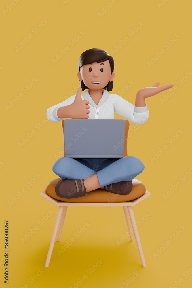 3D illustration of woman working on laptop while give thumb up to something at her hand 3D illustration of woman working on laptop while give thumb up to something at her hand