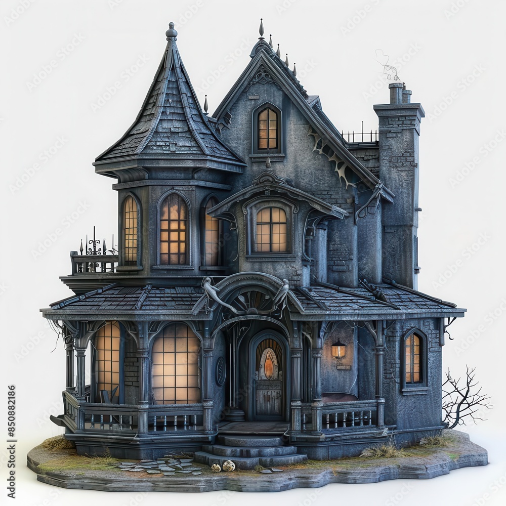 3D haunted house with spooky details on white background, ideal for setting a Halloween atmosphere. 3D haunted house with spooky details on white background, ideal for setting a Halloween atmosphere.