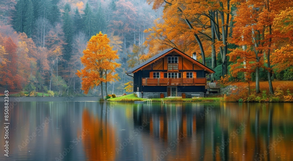 Fototapeta premium Stone Cottage on a Misty Autumn Lake