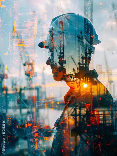 Silhouette of a construction worker with industrial background, double exposure.